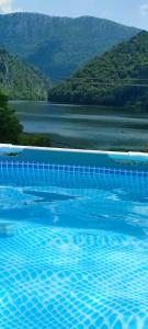 a blue swimming pool with a view of a lake at Clisura Dunarii Casutele Danca in Ogradena