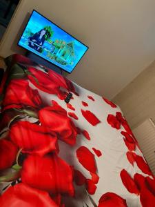 魯爾河畔米爾海姆的住宿－CHEAP ROOM IN A SHARED APARTMENT IN Mulheim, GERMANY，一张带红色鲜花的床和一台电视