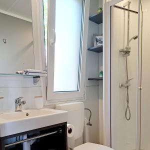 a bathroom with a toilet and a sink and a window at Bella vista with jacuzzi in Omiš
