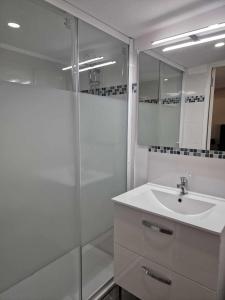 La salle de bains blanche est pourvue d'une douche et d'un lavabo. dans l'établissement Mas d'Alivon, à Arles