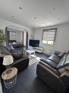 - un salon avec deux canapés et une télévision dans l'établissement Superbe appartement dans villa, à Saint-Laurent-du-Var