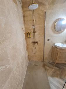 W łazience znajduje się prysznic i umywalka. w obiekcie Le havre de paix. w mieście Saint-Dalmas-le-Selvage