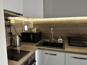 瓦尔纳Студио Bella的厨房里有水槽和微波炉