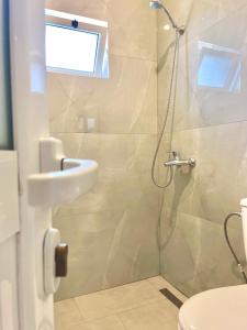 a bathroom with a shower with a sink and a toilet at Marku Palace in Ksamil