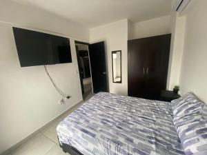 um quarto com uma cama e uma televisão de ecrã plano em Departamento en Tuxtla Gutiérrez Chiapas, Rivera Cerro Hueco em Cerro Hueco
