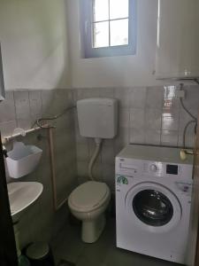 a bathroom with a toilet and a washing machine at Cottage House Official in Niš