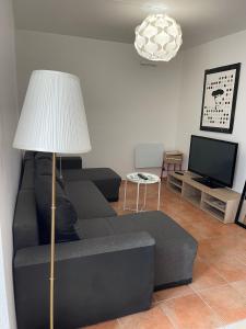 een woonkamer met een zwarte bank en een lamp bij Chambres à louer dans appartement in Montpellier