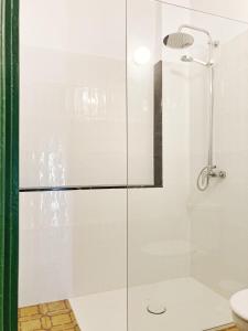 eine Dusche mit Glastür im Bad in der Unterkunft Les Cases del Moliner in Corbíns