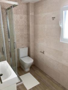 a bathroom with a toilet and a shower and a sink at Castellana 4 torres Apartments in Madrid