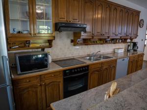 kuchnia z drewnianymi szafkami, zlewem i kuchenką w obiekcie Villa Danica w mieście Ovčara