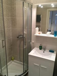 a bathroom with a shower and a sink at Apartma BAUI Koper in Koper