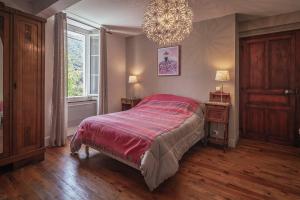 Boutx的住宿－Pyrénées Boutx - Grand Gîte de caractère，一间卧室配有一张床和一个吊灯