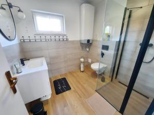 y baño con ducha, lavabo y aseo. en Sunny Beach Villa en Szántód