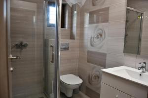 a bathroom with a toilet and a sink and a shower at Terra Panzió in Corund