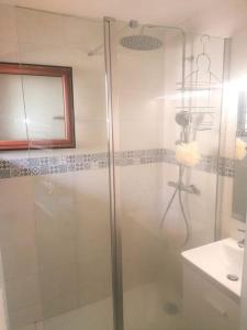 uma casa de banho com um chuveiro e um lavatório. em Porticcio avec Piscine proche plage em Porticcio