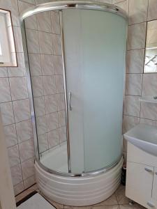um chuveiro com uma porta de vidro na casa de banho em Domek letniskowy Werlas Bieszczady em Werlas