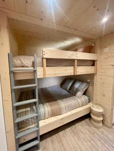 Etagenbett in einer Holzhütte mit einer Leiter in der Unterkunft Pierre et Vacances Les Bergers - Piscine Sauna in L'Alpe-d'Huez