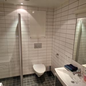 y baño con aseo, lavabo y espejo. en Spacious 1 bedroom apartment en Lorenskog