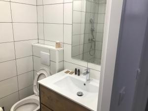 bagno con servizi igienici, lavandino e specchio di Hotel Morand a Rouen