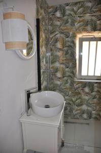 a bathroom with a sink and a mirror at Apartment Battin 44 Uckermark in Brüssow