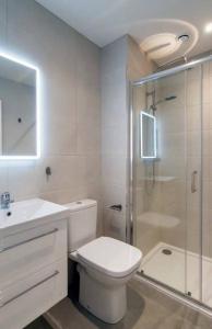 a bathroom with a toilet and a shower and a sink at Luxury Seaview Apartment in Dublin