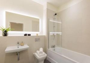 a bathroom with a sink and a toilet and a mirror at Luxury Seaview Apartment in Dublin