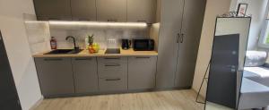 a small kitchen with a sink and a microwave at Centrum Prusa STUDIO 210 in Lublin +3 photos