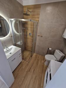 a bathroom with a shower and a toilet and a sink at Apartamenty Malaga in Darłowo
