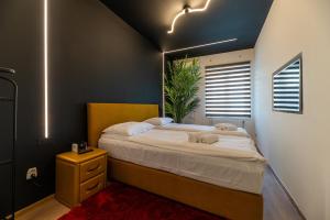 a bedroom with a large bed with a wooden headboard at Central Studios Hermannstadt in Sibiu