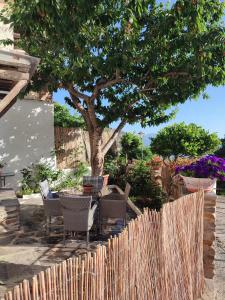 a fence with chairs and a tree in a yard at Casa Alpujarreña Fina Número 27 in Bubión