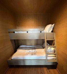 two bunk beds in a wooden room with a bed at Idre Northpark in Idre