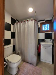 La salle de bains est pourvue de toilettes blanches et d'un lavabo. dans l'établissement La serena, à San Carlos de Bariloche
