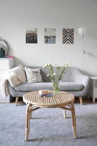 a living room with a couch and a coffee table at City Center Coziest Studio in Tampere