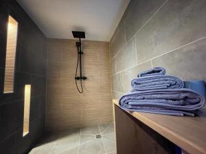 a bathroom with towels sitting on a counter in a shower at Maison Longue de La Cassine in Vendresse