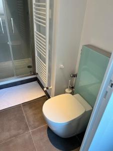 a bathroom with a toilet and a glass shower at Superbe appartement avec cheminée in Fontainebleau