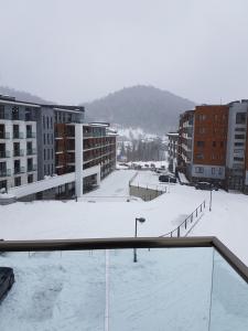 una ciudad cubierta de nieve con edificios y un aparcamiento en ORBI PALACE room 556 en Bakuriani