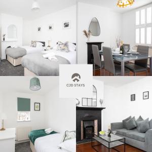 un collage de fotos de una habitación con 2 camas y chimenea en 30 Percent Off Monthly Stays - City Centre - 3 Bedrooms en Saint Albans