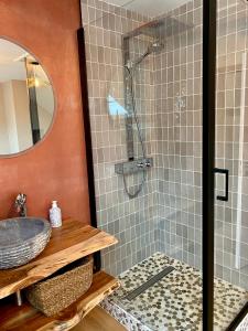 a bathroom with a shower and a sink at Le Sartisfait in Jalhay