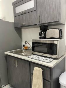 - un comptoir de cuisine avec un four micro-ondes et un évier dans l'établissement Urban Lodgings One @ Roosevelt 457, à San Juan