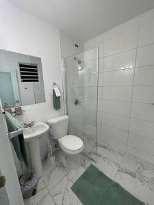 y baño con aseo, lavabo y ducha. en Urban Lodgings One @ Roosevelt 457 en San Juan