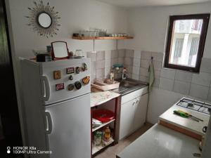 a kitchen with a white refrigerator and a sink at Apartmani Gina in Sutomore