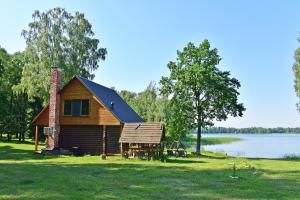 una cabaña de madera a orillas de un lago en Duriu sodyba en Molėtai