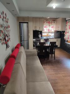 a living room with a couch with red pillows on it at Elsa's House in Arta