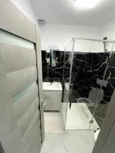 La salle de bains est pourvue d'un lavabo et d'un miroir. dans l'établissement Popasul lui Gicuță, à Curtea de Argeş