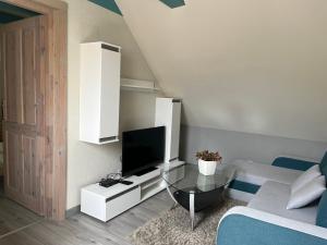 Chata Vojtkoland : غرفة معيشة صغيرة مع تلفزيون وأريكة