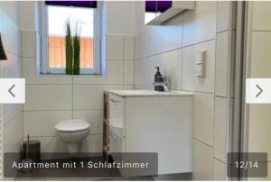 uma casa de banho com um lavatório, um WC e uma janela. em Ferienwohnung Malisa em Bad Bibra