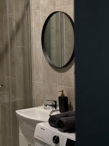 La salle de bains est pourvue d'un lavabo et d'un miroir. dans l'établissement 111 Studio Apartment near Old town, à Klaipėda