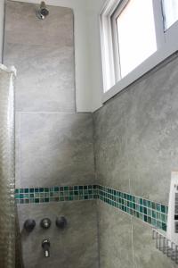 科连特斯WyW PEATONAL JUNIN的带淋浴的浴室，配有绿色瓷砖和窗户