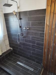 baño con ducha de azulejos negros en Gabi vendégház en Balatonkeresztúr