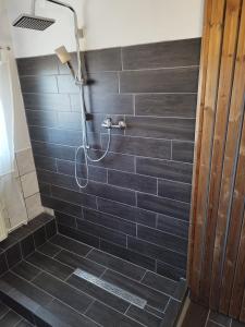 a bathroom with a shower with black tiles at Gabi vendégház in Balatonkeresztúr
